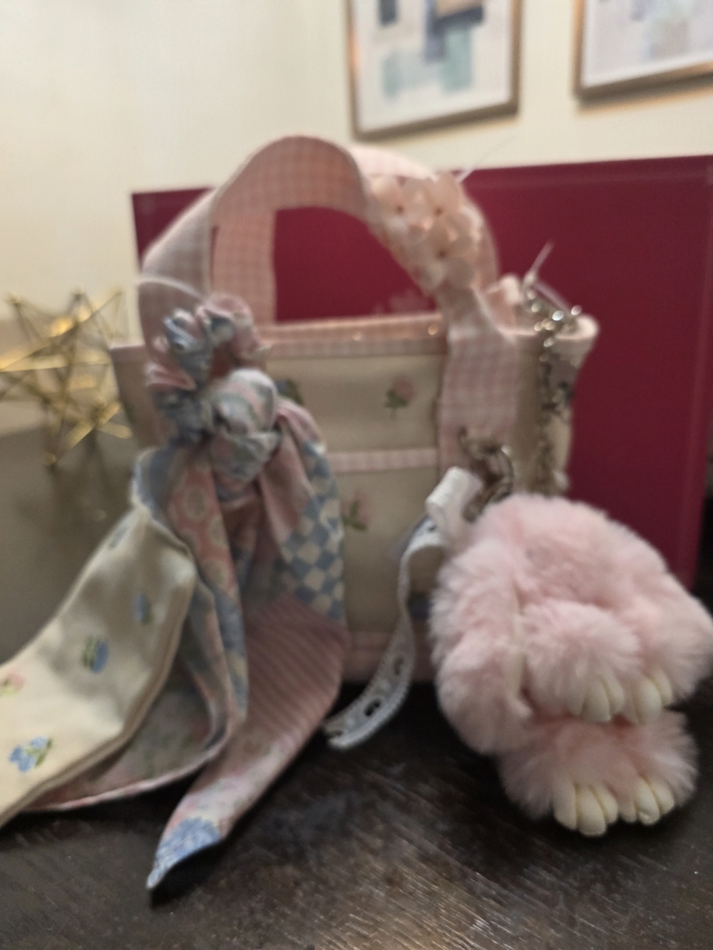 Madden Girl Pink Plush Pom-Pom Bag Charm with Pastel Scarf Accent